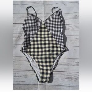 J. Crew Size 2 Black & white V-NECK ONE-PIECE SWIMSUIT IN MIXED GINGHAMS